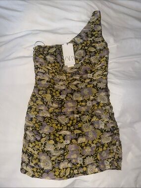 ZARA One-Shoulder Floral Ruched Mini Dress in Black, Lilac & Olive